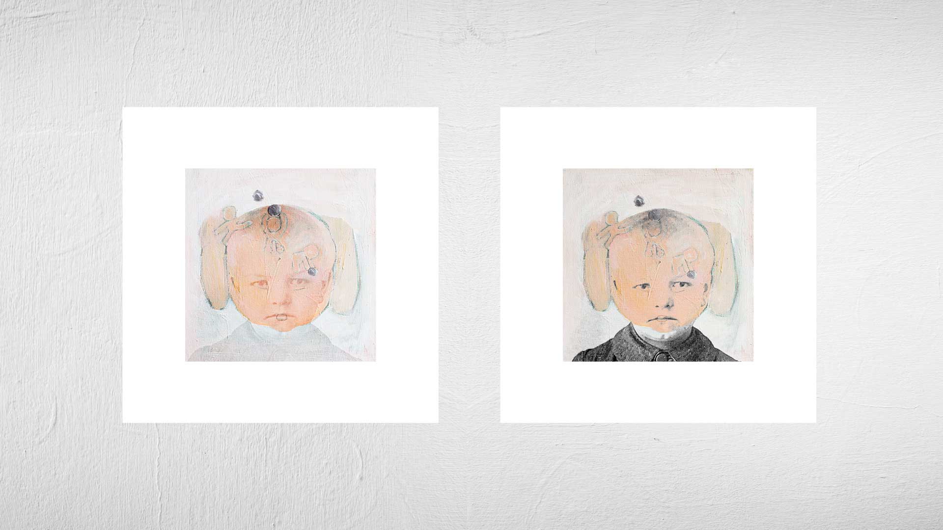 Malerei als Ausgangsbild, das Einsamkeit als körperliche Resonanz zeigt; in den Artprints werden Ahnenbild und digitale Bearbeitungen so überlagert, dass aus der Figur ein verdichteter Erinnerungsraum zwischen Gegenwart und Familiengeschichte entsteht.