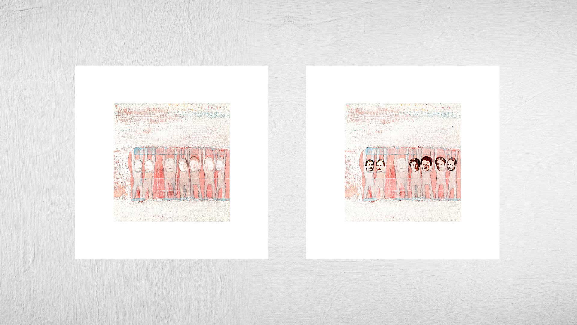 Eine Gruppe von Körpern steht eng an eng, zwischen Schutz und Eingesperrtsein; die Artprints erweitern das Bild um eingefügte weibliche Ahnenlinien – ein serieller Blick auf Dichte, Anpassung und fehlenden Ausweg.
