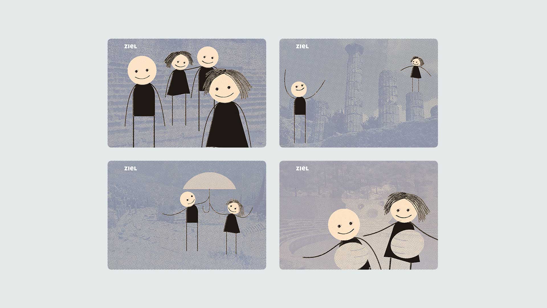 Vier Kairos-Zielkarten mit Figuren in hellblauen Landschaften und Ruinenkulissen, die positive Zukunftsbilder wie Verbundenheit, Kooperation und geteilte Verantwortung im Coaching-Spiel darstellen.