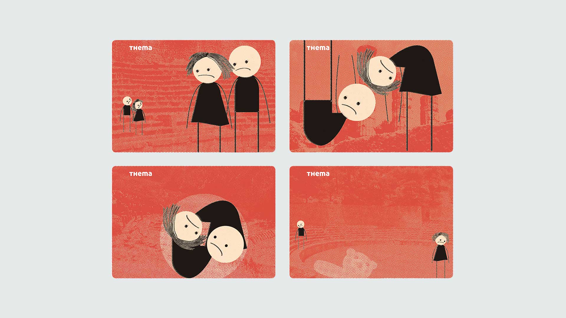 Vier rote Kairos-Standortkarten mit stilisierten Figuren in unterschiedlichen Nähe- und Distanzszenen, die emotionale Ausgangslagen und Themenfelder im Coaching-Spiel visualisieren.​