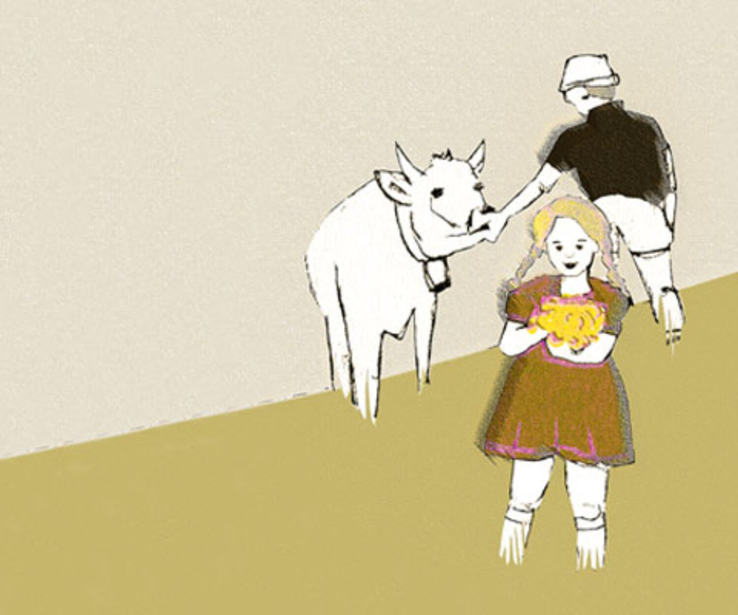 Illustration zu „Der Sohn“: Ein Mädchen mit Zöpfen steht im Vordergrund vor einer stilisierten Landschaft, hält Blumen im Arm; hinter ihm ein Junge mit Hut und eine Kuh, alle in reduzierter Linienzeichnung auf flächigem Grund.