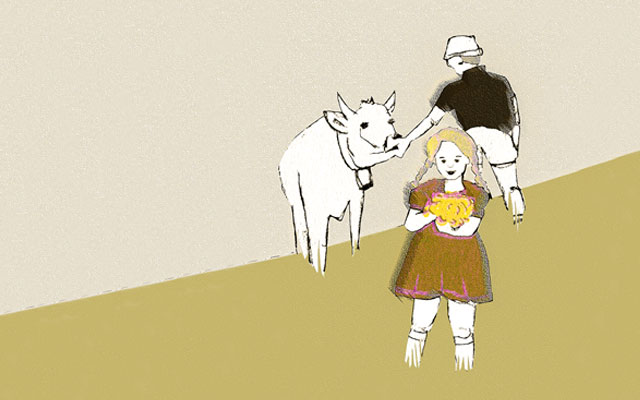 Illustration zu „Der Sohn“: Ein Mädchen mit Zöpfen steht im Vordergrund vor einer stilisierten Landschaft, hält Blumen im Arm; hinter ihm ein Junge mit Hut und eine Kuh, alle in reduzierter Linienzeichnung auf flächigem Grund.