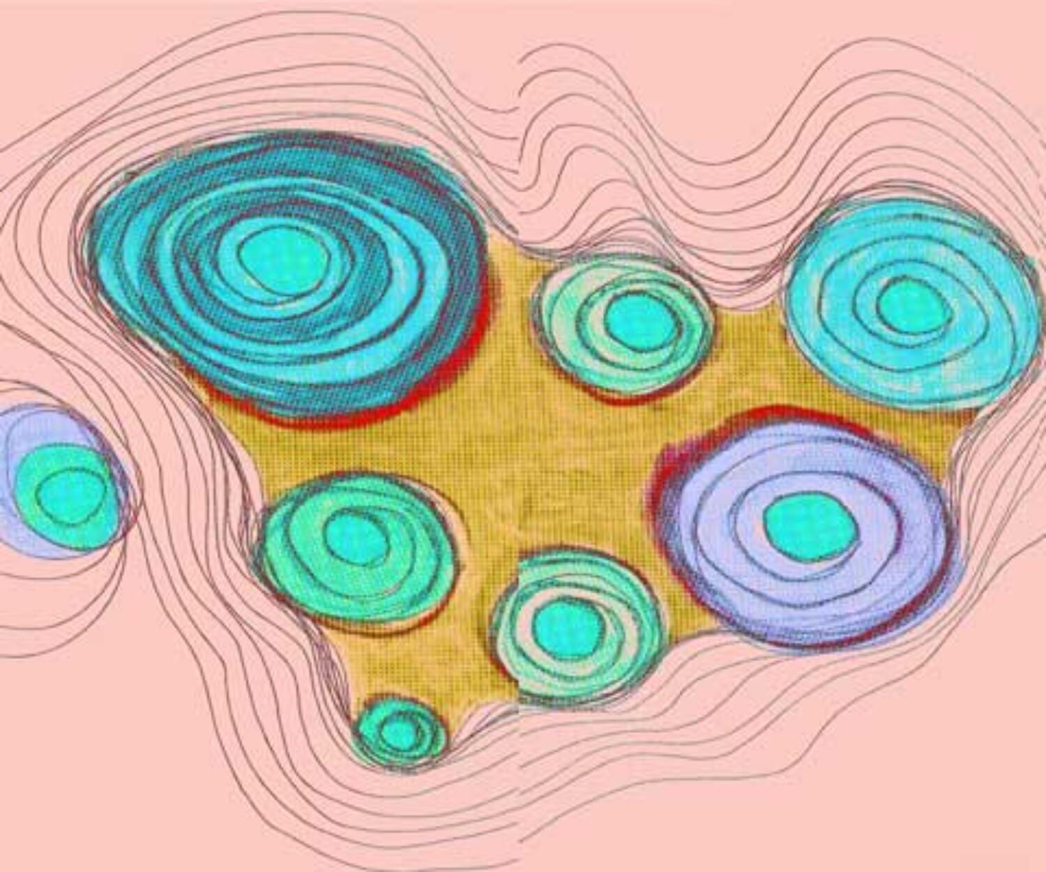 Abstrakte, topografische Illustration mit farbigen, konzentrischen Inseln auf rosafarbenem Grund – visuelle Metapher für die Heldenreise und innere Spielräume des Projekts Heros Ludens.