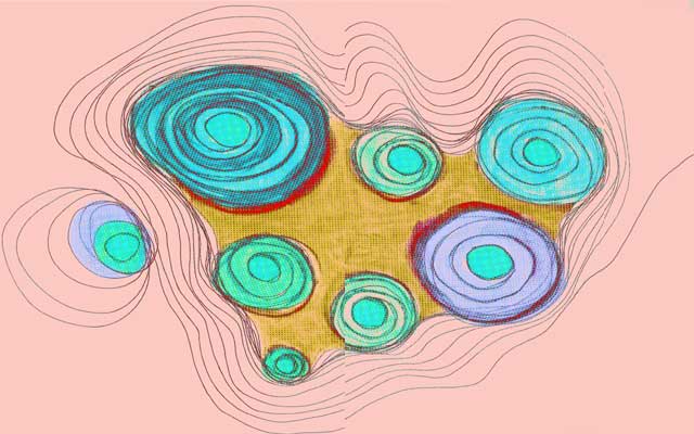 Abstrakte, topografische Illustration mit farbigen, konzentrischen Inseln auf rosafarbenem Grund – visuelle Metapher für die Heldenreise und innere Spielräume des Projekts Heros Ludens.