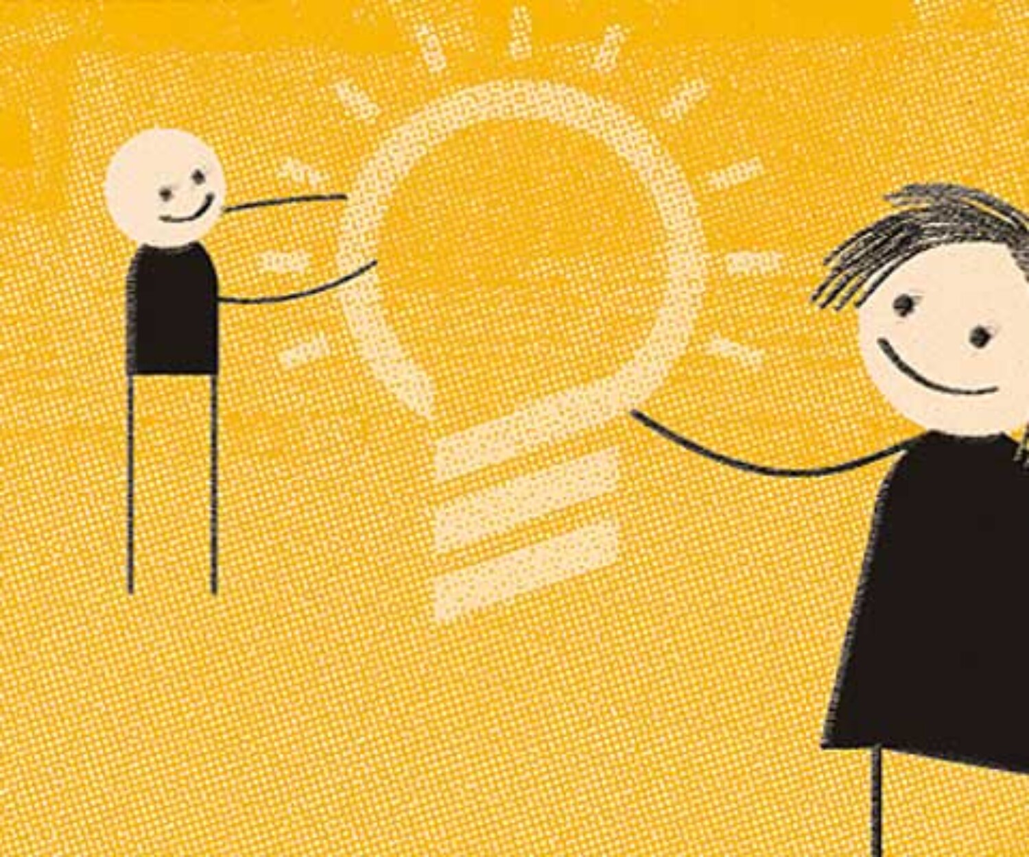 Gelbe Kairos-Spielkarte „Sammlung“ mit zwei stilisierten Figuren, die gemeinsam eine leuchtende Glühbirne halten und so den Moment des kreativen Einfalls visualisieren.