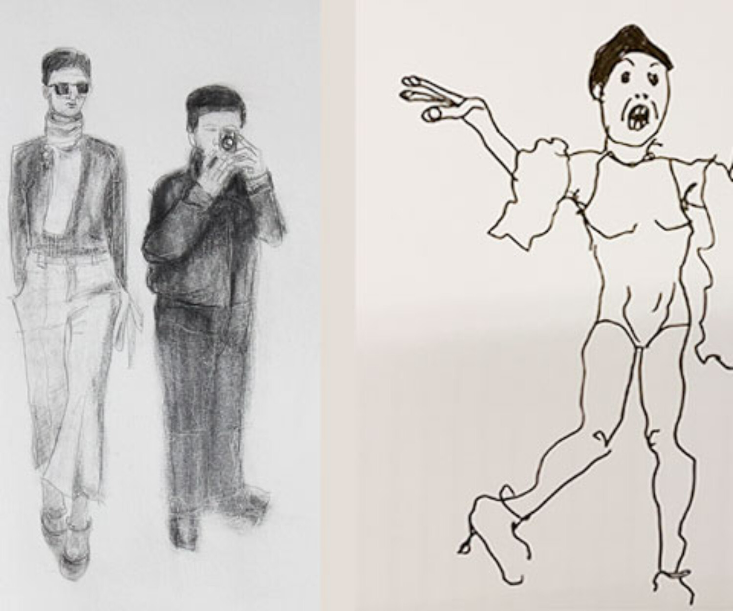 Skizzen von Heidrun Föhn: links zwei stehende Figuren als Bleistiftzeichnung, rechts eine expressive Figur mit ausgestreckten Armen als schwarze Filzstiftzeichnung auf hellem Grund.