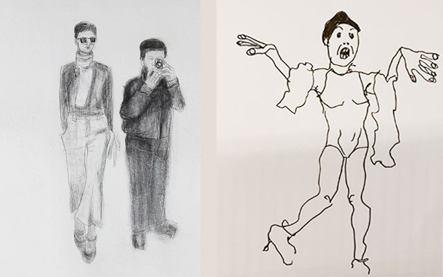 Skizzen von Heidrun Föhn: links zwei stehende Figuren als Bleistiftzeichnung, rechts eine expressive Figur mit ausgestreckten Armen als schwarze Filzstiftzeichnung auf hellem Grund.