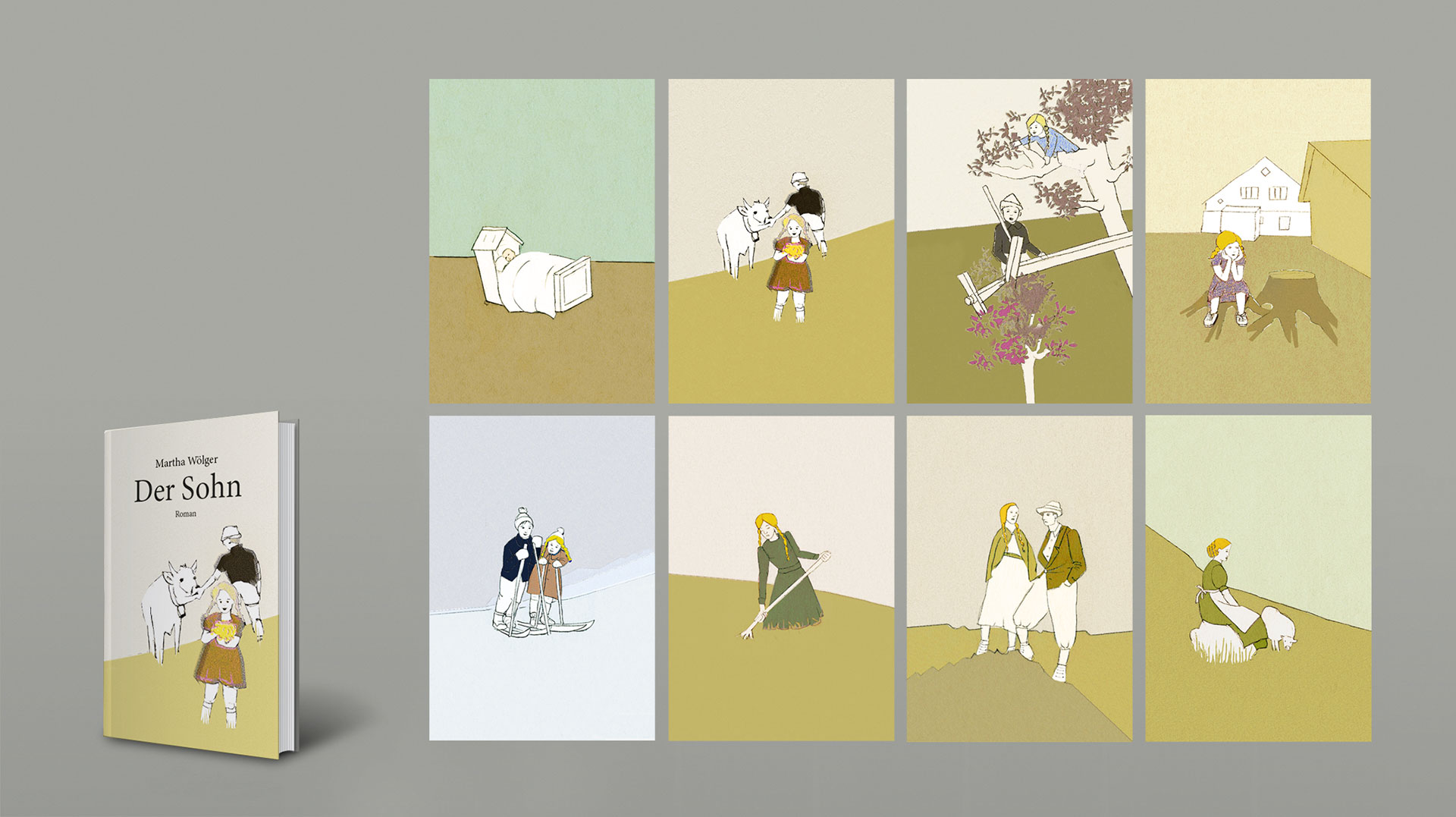 Übersicht der neun Illustrationen und des Buchcovers zu „Der Sohn“: links das Buch, rechts neun Szenen mit Figuren, Tieren und Landschaft in klarer, reduzierter Bildsprache.