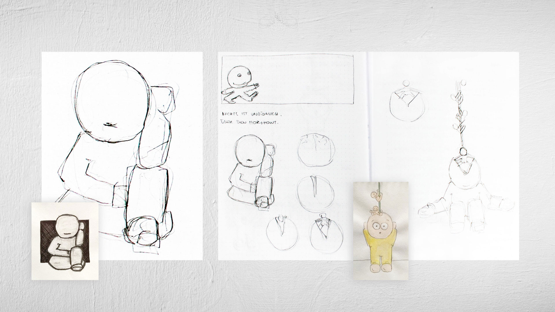 Skizzen von Heidrun Föhn zur Serie ‹Presence Beyond›: mehrere Zeichnungen einer rundköpfigen Figur mit verschiedenen Haltungen und hängender Variante, kombiniert mit kleinen farbigen Studien auf Papier, 2010.