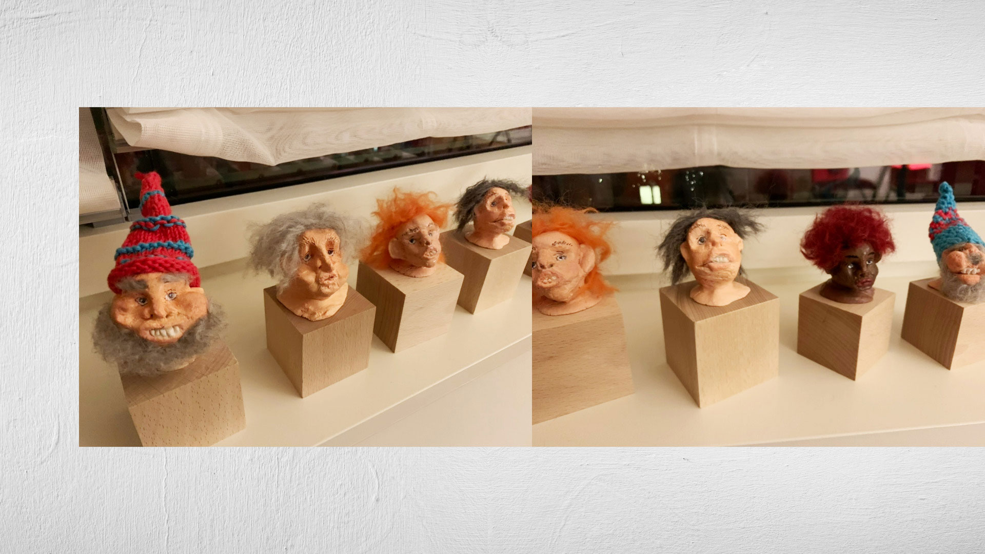 Prototyp‑Modelle für die Serie ‹Lauscher› von Heidrun Föhn: mehrere farbige Salzteigköpfe mit gestrickten Mützen, auf Sockel, 2021.