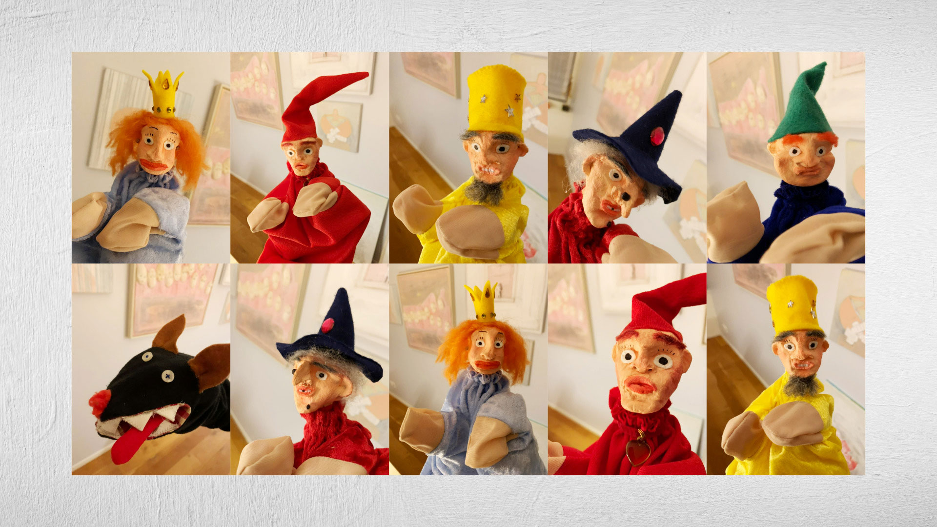 Handpuppen von Heidrun Föhn: bunte Handpuppen aus Pappmaché und Stoff, 2021.