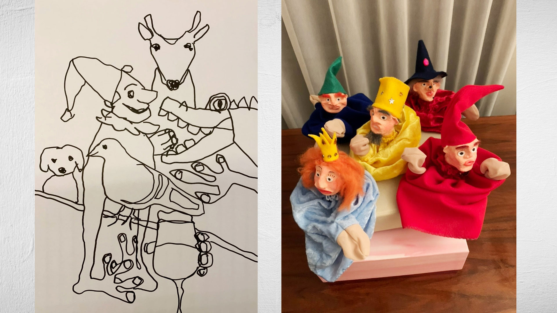 «Skizze und Handpuppen von Heidrun Föhn: links schwarz‑weisse Filzstiftzeichnung mit Tier‑ und Fantasiefiguren, rechts bunte Handpuppen aus Pappmaché und Stoff, 2021.