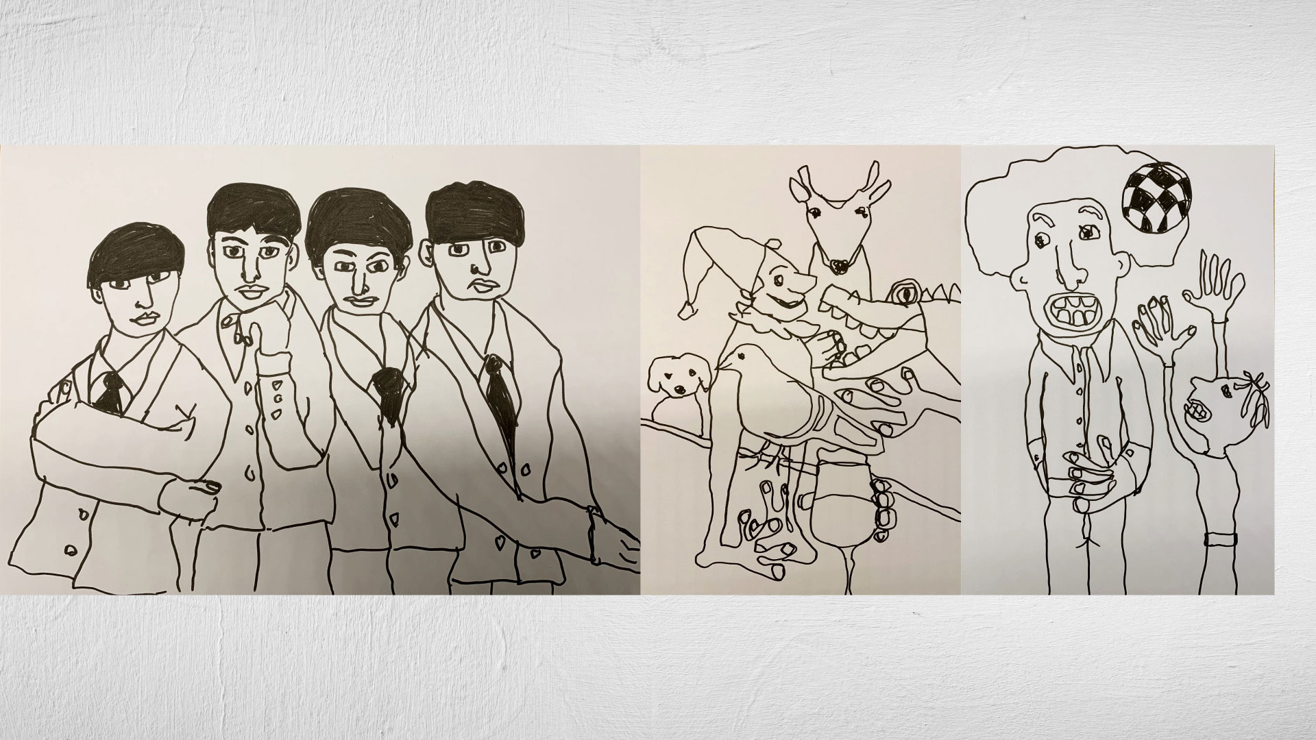 Skizzen von Heidrun Föhn: schwarz‑weisse Filzstiftzeichnungen von vier Personen in Anzügen, einer Fantasie‑Tierszene und einer Figurengruppe mit Ball auf weissem Papier, 2025.