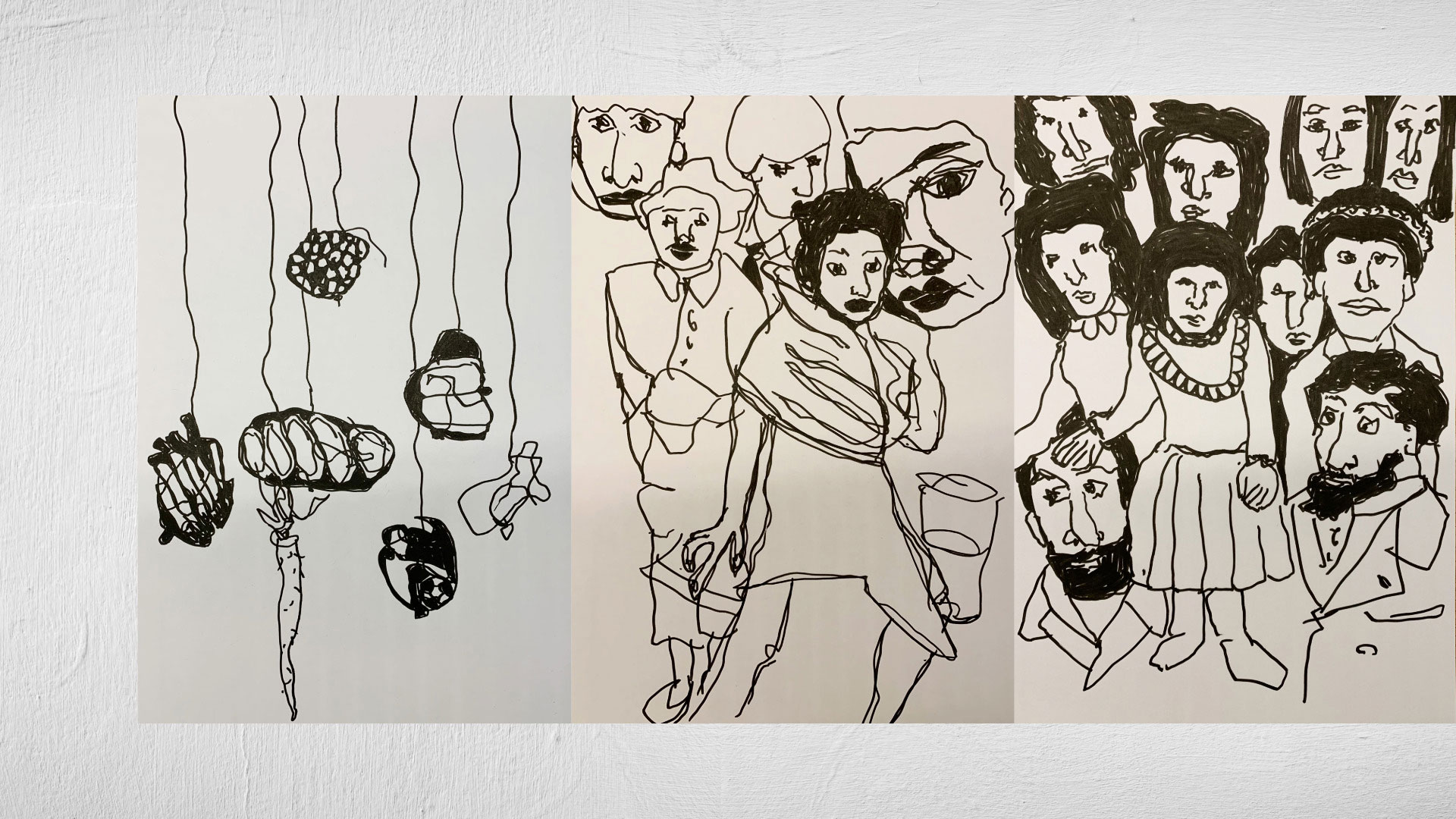 Skizzen von Heidrun Föhn: drei schwarz‑weisse Filzstiftzeichnungen von Figuren und Köpfen auf weissem Papier, 2025.