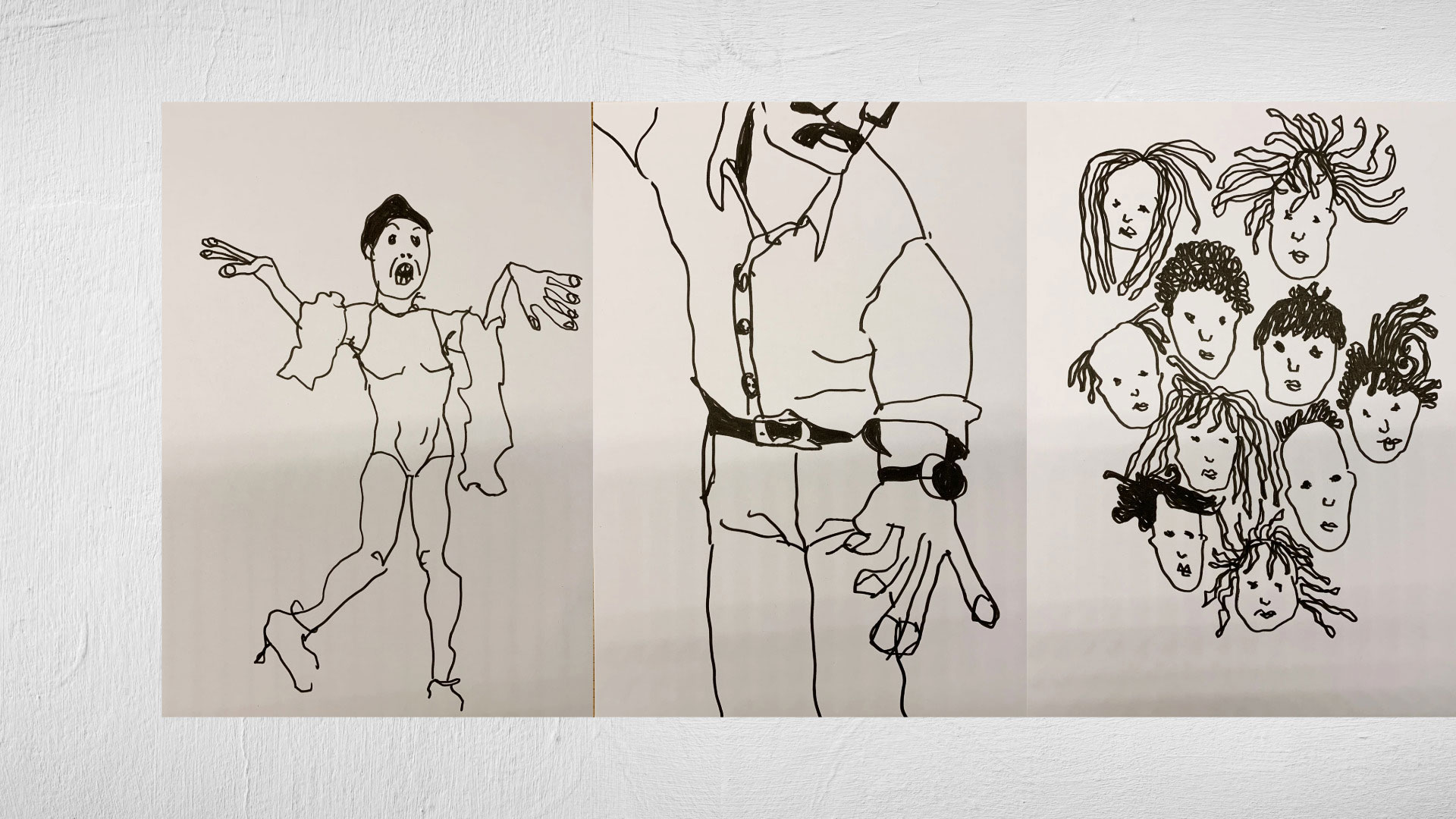 Skizzen von Heidrun Föhn: drei schwarz‑weisse Filzstiftzeichnungen von Figuren und Köpfen auf weissem Papier, 2025.