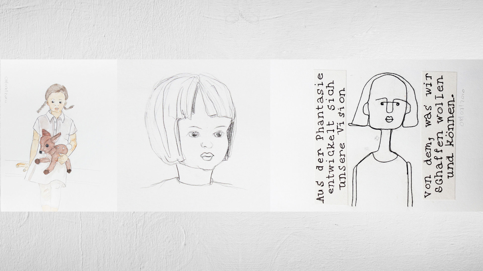 Skizzen von Heidrun Föhn: gezeichnete Kinderfiguren und Porträts mit handschriftlichem Text auf weisser Wand, Bleistift, Farbe, Faden, 2010.